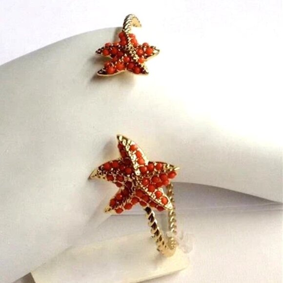 Coral Bead Starfish Cuff Cable Bracelet Nautical Beach Gold Plated Adjustable - Picture 1 of 10